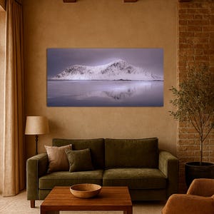 Lofoten Islands Winter Print | Norway Mountain Reflection Art | Arctic Landscape Photography | Flakstadøya Snow Wall Decor