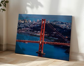 Lámina del Puente Golden Gate, fotografía de la puesta de sol en San Francisco, arte mural de un lugar emblemático de California, foto del puente a la hora dorada, lienzo grande.