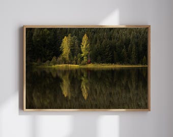 May include: A framed landscape photograph showing a tranquil lake reflecting the surrounding trees. The image depicts a dark, still lake with a shoreline of green and yellow trees, and a dense forest in the background. The photograph is in a wooden frame.