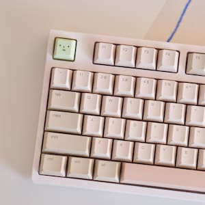以下が含まれることがあります： 白のキーキャップが付いた、薄いピンク色のメカニカルキーボード。顔の描かれた緑色のキーがあります。キーボードは白い面に置かれています。