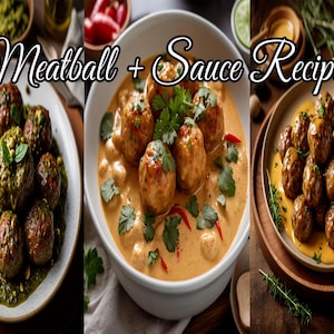 Pacote de Receitas Deliciosas de Almôndegas com Molho | Pesto de Cordeiro, Frango ao Curry, Carne de Porco com Mel e Mostarda | Download Digital em PDF | Refeições Saudáveis e Fáceis de Preparar