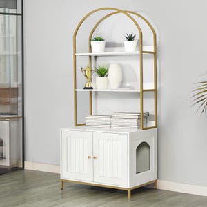 Modern Cat Litter Box Enclosure with 2 Tier Storage, White Wooden Cat Washroom Furniture with Gold Metal Frame, Hidden Litter Box