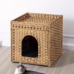 Rattan Cat Enclosure, Light Brown Cat House, Cat Furniture, Hidden Cat Litter Box