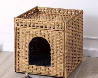Rattan Cat Litter Box Enclosure Furniture - Handwoven Hidden Pet Cube House With Scratching Post & Toys, 18.5x13.8x12.6"
