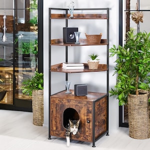 Rustic Cat Litter Box Cabinet, Pet Enclosure Furniture, Spacious Hidden Litter Box with 4 Shelves & Door, Elegant Living Room Cat Gift