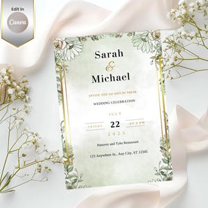 Bewerkbare groene bloemen bruiloft uitnodiging sjabloon | Afdrukbare salie bruiloft uitnodiging canva | Elegante huwelijksceremoniekaart