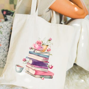 Buchliebhaber Einkaufstasche mit Tee und Rosen, gemütliche Bücherwurm Leinentasche, Cottagecore ästhetisches Geschenk, Leser-Tasche, literarische Mädchen-Tasche