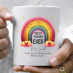 Personalized Teacher Mug, Best Teacher Ever Rainbow Mug, Custom Name Gift from Student, End of Year Teacher Gift, Thank You Teacher Mug
