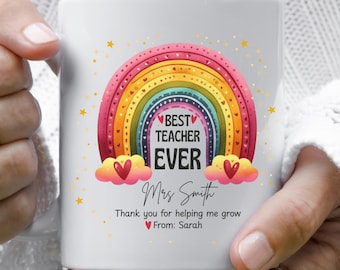 Personalized Teacher Mug, Rainbow, Custom Name, Thank You Gift