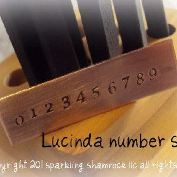 LUCINDA number metal steel jewelry stamping set - matches the lowercase and uppercase - wood stand