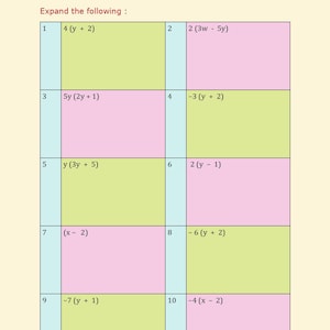 May include: A worksheet headed "TOPIC: EXPANDING SINGLE BRACKET" with ten algebra problems. Each problem is in a coloured box, with the first column in light blue and the second column in pink and green. The problems involve expanding brackets.