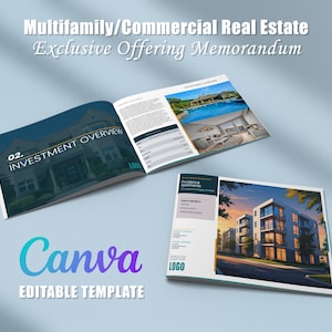 May include: An open brochure with the text "Multifamily/Commercial Real Estate Exclusive Offering Memorandum" and "Investment Overview." The word "Canva" and "Editable Template" are also visible. The brochure features images of buildings and a pool.