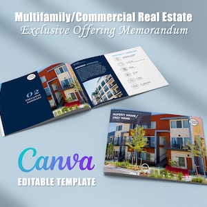 May include: A brochure for a multifamily and commercial real estate offering memorandum. The brochure features a photo of a modern apartment building with a blue and white color scheme. The text on the brochure reads "Multifamily/Commercial Real Estate Exclusive Offering Memorandum" and "02 Executive Summary".