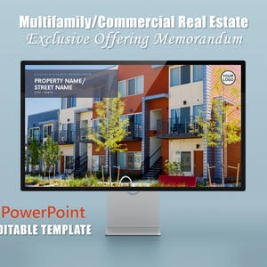 May include: A PowerPoint template for a multifamily or commercial real estate exclusive offering memorandum. The template features a photo of a modern apartment building with a red, orange, and gray color scheme. The text "PROPERTY NAME/ STREET NAME" is visible at the top of the template.