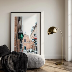 Stampa artistica originale Città innevata, fotografia di street view, opera d'arte originale, poster di viaggio, arte murale.