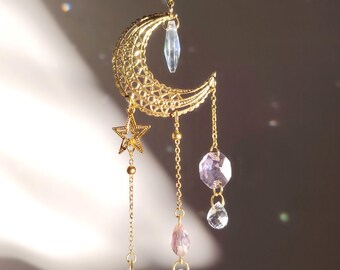 Goldener Mond-Kristall-Sonnenfänger – Regenbogen-Deko für Auto, Fenster oder spirituellen Raum. Schönes Geschenk für sie
