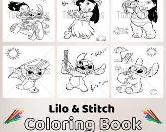Könnte beinhalten: Schwarzweißes Malbuch mit den Figuren Lilo und Stitch aus dem Disney-Film. Das Buch enthält Bilder von Lilo und Stitch auf einem Surfbrett, beim Musizieren und beim Fotografieren. Das Buch ist für Kinder und hat 90 Seiten.