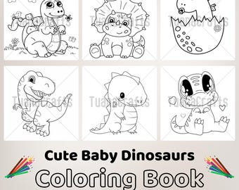 May include: A coloring book featuring cute baby dinosaurs in black and white line art. The cover shows six different dinosaurs, including a triceratops, a stegosaurus, and a T-Rex. The title of the book is "Cute Baby Dinosaurs Coloring Book". The book is for children and has 50 pages.  It is an instant download.