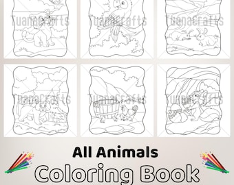 May include: Black and white coloring book with the title "All Animals Coloring Book" and the text "100 Pages", "Instant Download", and "For Children". The book features six different animal illustrations, including a cat, a parrot, rabbits, a bear, chickens, and a squirrel.
