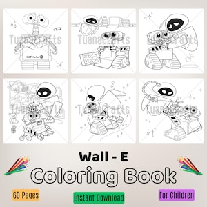 Pode incluir: Um livro para colorir em preto e branco com os personagens Wall-E e Eve do filme da Disney Pixar Wall-E. O livro tem 60 páginas e é para crianças. A capa apresenta uma variedade de cenas do filme, incluindo Wall-E e Eve de mãos dadas, Wall-E segurando uma planta e Wall-E e Eve andando em uma nave espacial.