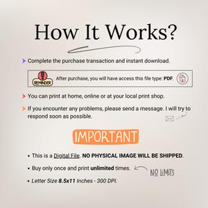 May include: A digital file download instruction graphic with the text "How It Works?" and "IMPORTANT". The graphic explains that the purchase is for a digital file, not a physical product, and that the file can be printed at home or at a local print shop. The graphic also states that the file is a PDF and that the letter size is 8.5x11 inches, 300 DPI.