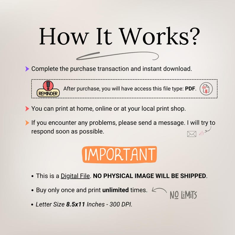 May include: A digital file download instruction graphic with the text "How It Works?" and "IMPORTANT". The graphic explains that the purchase is for a digital file, not a physical product, and that the file can be printed at home or at a local print shop. The graphic also states that the file is a PDF and that the letter size is 8.5x11 inches, 300 DPI.