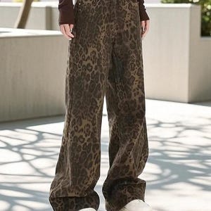 Tan Leopard Print Wide Leg Jeans: Vintage High-Rise Denim