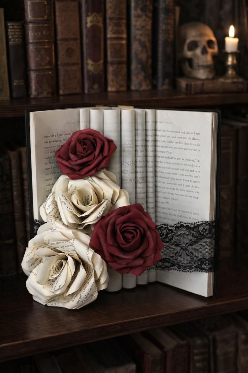 Gothic Book Page Rose Bouquet | Dark Academia Floral Centerpiece - Etsy
