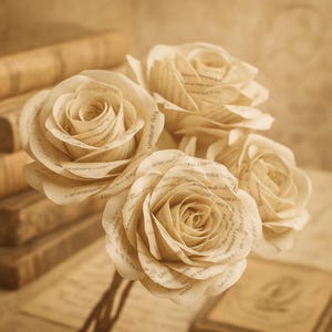 Op de afbeelding: Een boeket papieren rozen, gemaakt van boekpagina's. De sepia-getinte bloemen hebben zichtbare tekst, wat een vintage esthetiek cre&euml;ert. De achtergrond bevat oude boeken, wat het literaire thema versterkt. De rozen staan in bloei.