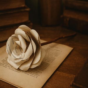 Op de afbeelding: Een handgemaakte papieren roos met steel ligt op een open boek. De roos is gemaakt van pagina's uit een boek, met zichtbare tekst. De sc&egrave;ne speelt zich af op een houten oppervlak, met andere boeken op de achtergrond, wat een vintage esthetiek cre&euml;ert.