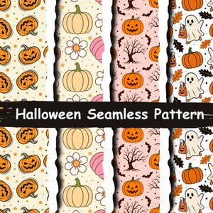 Puede incluir: Un gráfico digital con cuatro tiras verticales de patrones de Halloween sin costuras. Los diseños incluyen calabazas naranjas, calabazas color crema, calabazas rosas, flores blancas, fantasmas con bolsas de dulces, murciélagos y árboles. El texto dice Halloween Seamless Pattern.