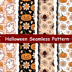 May include: A digital graphic featuring four vertical strips of Halloween seamless patterns with a dark red horizontal banner across the centre displaying the white text Halloween Seamless Pattern. The designs include ghosts, pumpkins, spiders, webs, and candy corn.