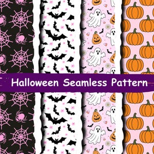 Puede incluir: Un gráfico digital con cuatro paneles verticales de patrones de Halloween sin costuras. Los paneles muestran telarañas rosas sobre negro, murciélagos negros sobre blanco, fantasmas blancos con calabazas naranjas sobre rosa claro y calabazas naranjas sobre rosa claro.