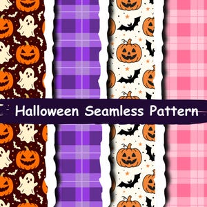 Pode incluir: Quatro tiras verticais de papel digital com um Halloween Seamless Pattern. Os designs incluem abóboras laranja com fantasmas e morcegos em castanho escuro, um xadrez roxo, abóboras em creme e um padrão de quadrados cor-de-rosa.
