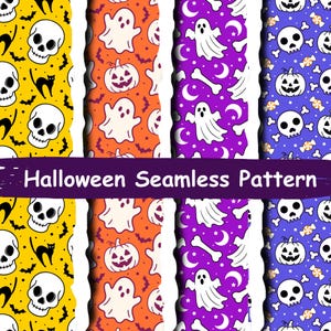 May include: A digital graphic featuring four vertical strips of Halloween seamless patterns with the text Halloween Seamless Pattern. The designs include white skulls, black cats, bats, ghosts, pumpkins, moons, stars, bones, and candies on yellow, orange, purple, and blue backgrounds.