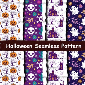 Könnte beinhalten: Eine digitale Grafik mit vier verschiedenen nahtlosen Halloween-Mustern und dem Text Halloween Seamless Pattern. Die Designs zeigen orangefarbene Kürbisse, weiße Totenköpfe mit bunten Blumen, violette Spukhäuser und weiße Geister.