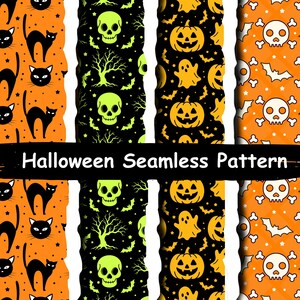 Halloween sömlöst mönster, läskigt Halloween digitalt papper, söt kattskalle pumpa bakgrund, fladdermus spöke upprepande mönster, PNG-nedladdning