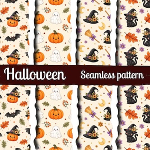 Op de afbeelding: Een naadloos patroon met Halloween-motieven op een crèmekleurige achtergrond, waaronder lachende pompoenen met heksenhoeden, witte spoken, zwarte katten met bloemenhoeden, bezems, vleermuizen, maansikkels, herfstbladeren en de tekst Halloween seamless pattern.