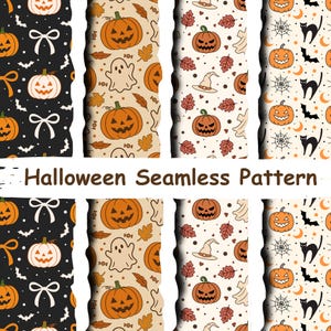 Könnte beinhalten: Eine Sammlung von acht nahtlosen Halloween-Mustern mit orangefarbenen Kürbissen, weißen Geistern, schwarzen Katzen, Fledermäusen, Spinnennetzen, Herbstblättern und Schleifen auf schwarzem, cremefarbenem und beigem Hintergrund mit dem Text Halloween Seamless Pattern.