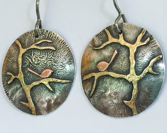 Silver Brass Copper Round Bird Tree Out on a Limb Earrings