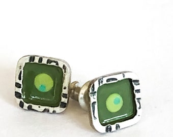 Silver Colorful Small Square Stud Earrings Olive Green