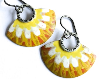 Fan Shaped Sunflower Earrings Yellow White Orange