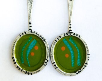 Silver Brass Avocado Green Long Drop Disc Earrings