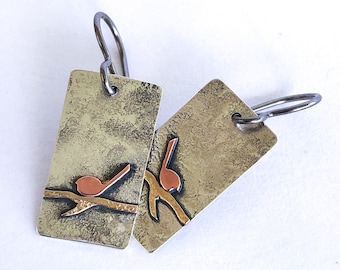 Silver Copper Brass Bird on a Branch Small Rectangle Dangle Earrings