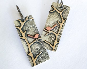 Silver Brass Copper Rectangle Bird Out on a Limb Tree Branch Earrings