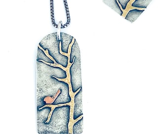 Silver Brass Copper Bird Out on a Limb Pendant