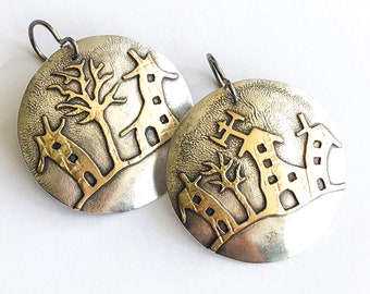 Silver Brass Mixed Village Round Earrings