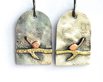 Silver Copper Brass Square Bird on a Branch Earrings