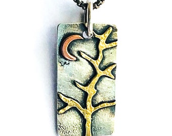 Silver Copper Brass Tree with Moon Pendant