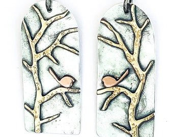 Silver Brass Copper Bird Out on a Limb Earrings